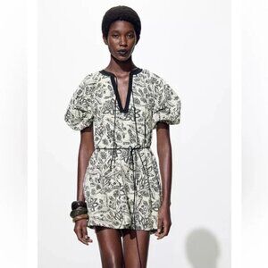 EUC Zara Tie-Waist Black and Ecru Floral Jacquard Puff-Sleeve Mini Dress